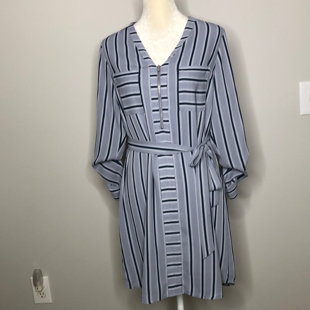 Express Blue Striped Dress With Belt & Zipper Size Medium
